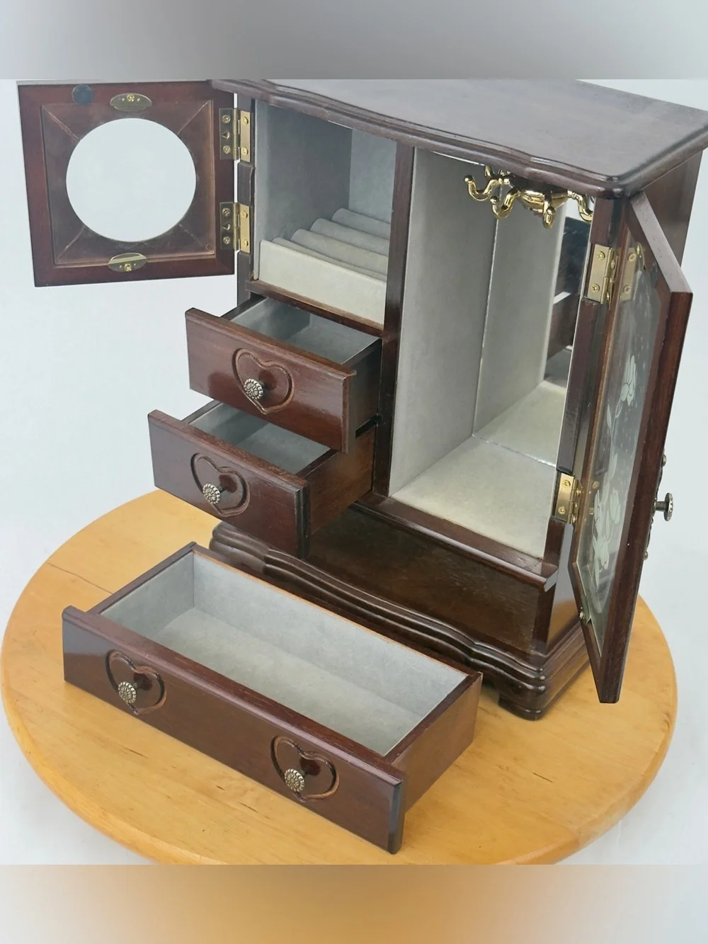 Wooden Heart-Drawer Jewelry Box with Mirrored Door - Dark Brown